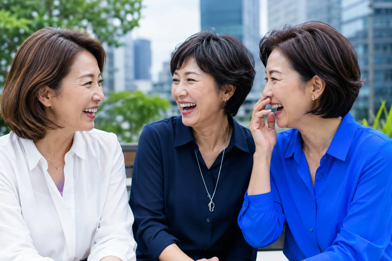 함께 대화하며 웃는 세 명의 중년 여성